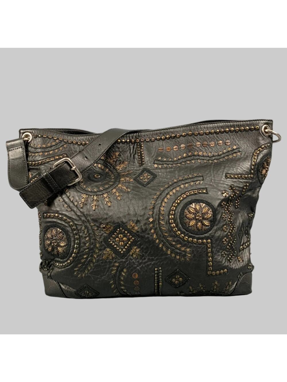 OSCAR DE LA RENTA Black Gold Studded Leather Handbag